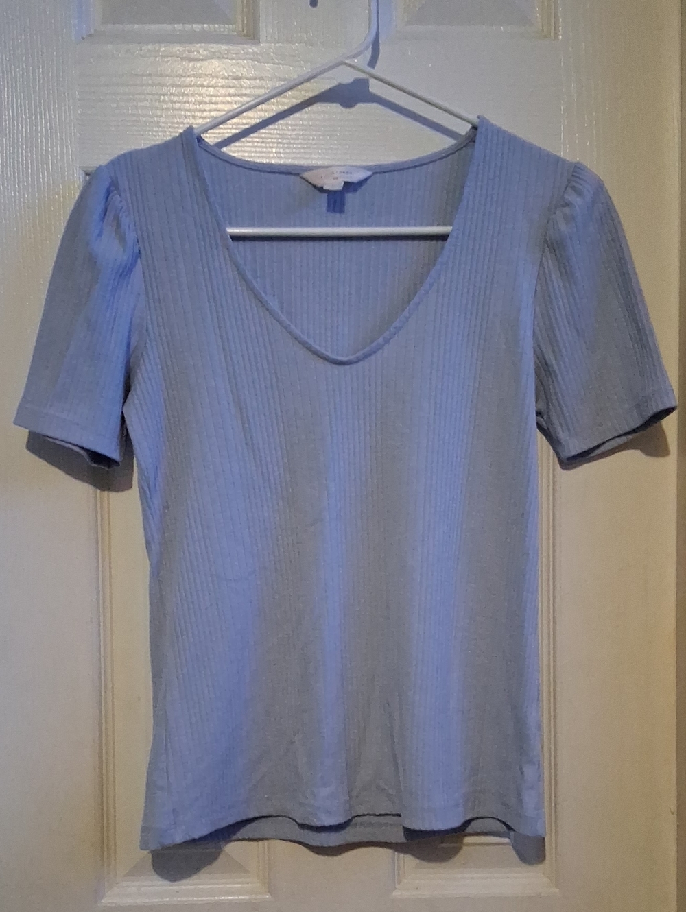 LC Lauren Conrad Light Blue Ribbed V-Neck Short Sleeve Top